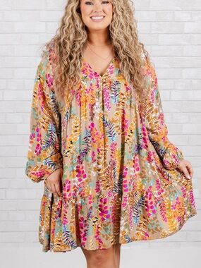 Chic Soul 2X Women’s V-Neck Floral Swing Dress in Tan with Pink & Teal Accents